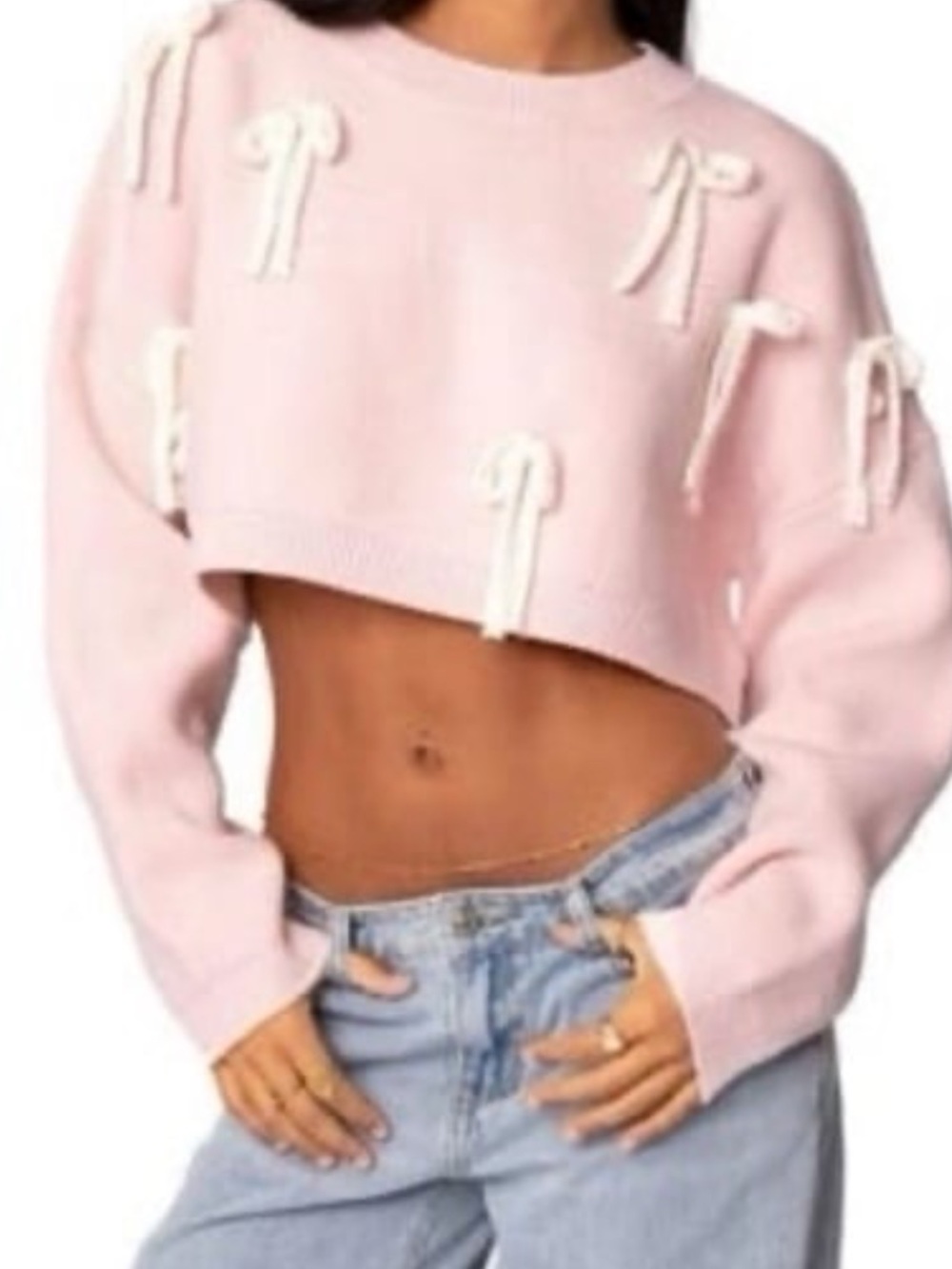 Edikted Light Pink Cropped Crewneck Sweater with Bow Appliqués